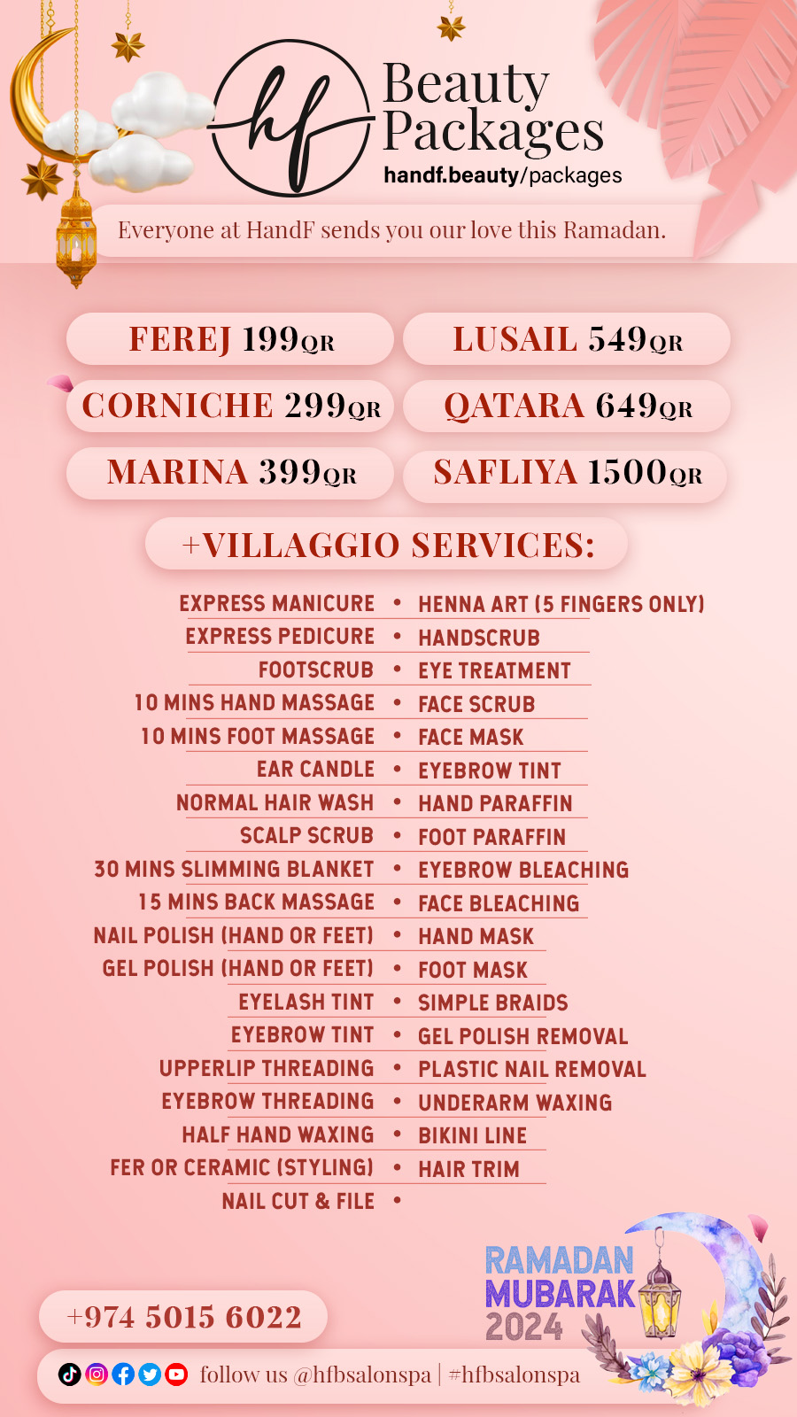 HandF Beauty Salon & Spa Doha hfBSalonSpa Ramadan Beauty Packages Villaggio Services
